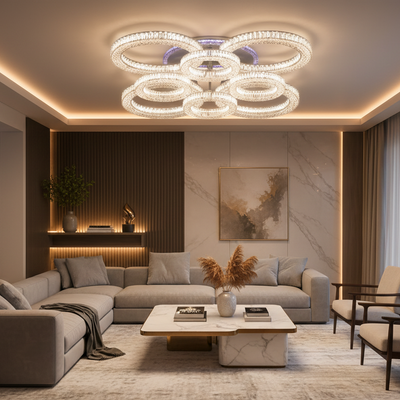 Lustra LED RONDA Regalis cu telecomanda 141W, 8 Cercuri, lumina Rece/Calda/Neutra, Dimabila, Alb