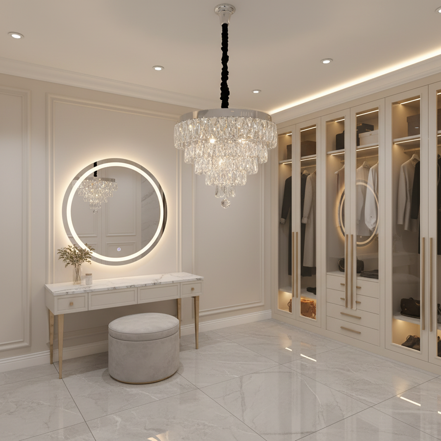 Lustra LED Cristal RIGO cu telecomanda Petito Diametru 30cm, Crom Lucios, Inaltime Reglabila, Metal si Cristal