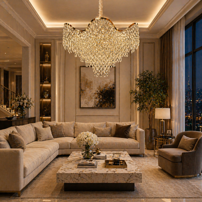 Candelabru Cristal VELOURA Regalis 22xE14, D80 cm, Auriu, Inaltime Reglabila, Metal si Cristal Candelabre Cristal Default Title Alessandro Design