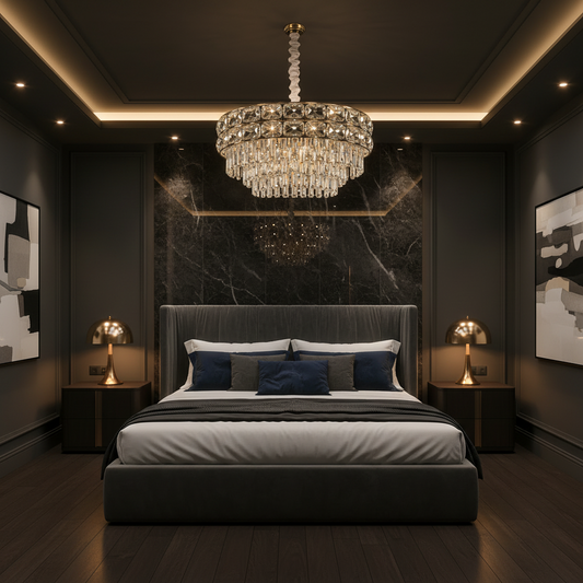 Candelabru Cristal LUCENT Nobile 4xE14, D40 cm, Auriu, Inaltime Reglabila, Metal si Cristal