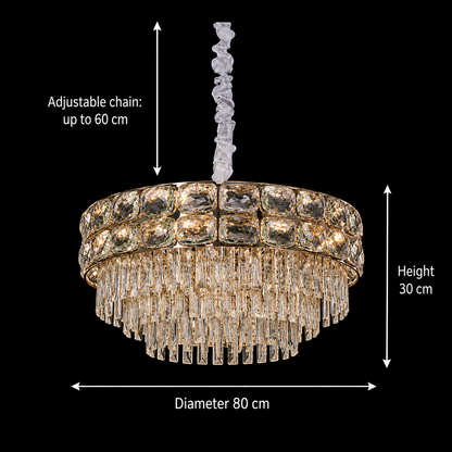 Candelabru Cristal LUCENT Regalis 22xE14, D80 cm, Auriu, Inaltime Reglabila, Metal si Cristal