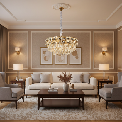 Candelabru Cristal LUCENT Eleganza 9xE14, D50 cm, Auriu, Inaltime Reglabila, Metal si Cristal