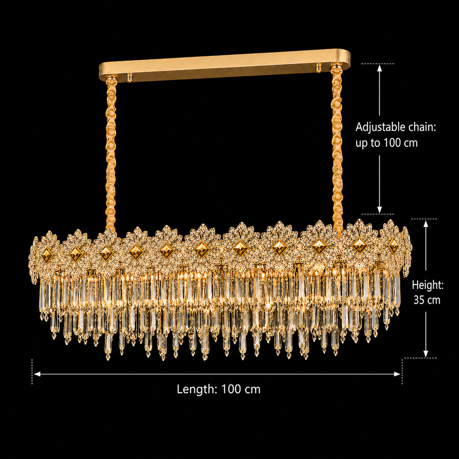 Candelabru Cristal FLEUR Supremo 14xE14, Dimensiune 100x35 cm, Inaltime 35 cm, Auriu Lucios, Inaltime Reglabila, Design Elegant