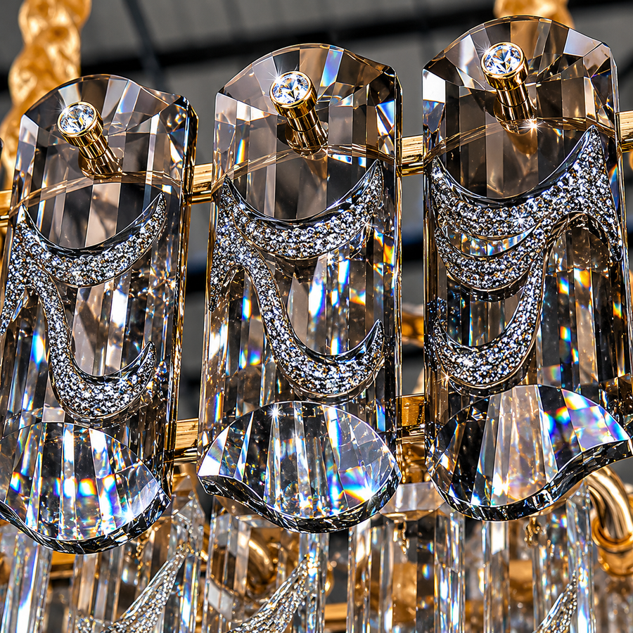 Candelabru Cristal AURUM Supremo 13xE14, Dimensiuni 85x35cm , Inaltime 41cm, Auriu Lucios, Inaltime Reglabila, Design Elegant