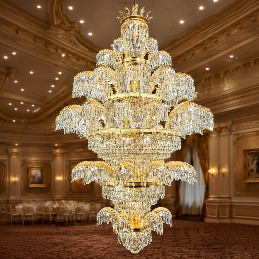 Candelabru Cristal PALACE Grande, 52 de brate, 96xG9, Diametru 150cm, Inaltime 230cm, Auriu Lucios, Inaltime Reglabila, Design Elegant Candelabre Cristal Default Title Alessandro Design