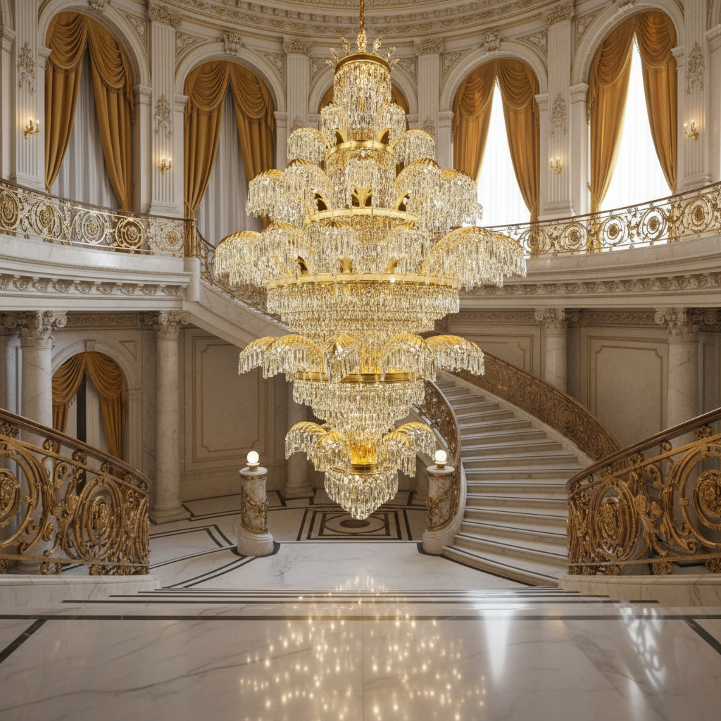 Candelabru Cristal PALACE Grande, 52 de brate, 96xG9, Diametru 150cm, Inaltime 230cm, Auriu Lucios, Inaltime Reglabila, Design Elegant Candelabre Cristal Default Title Alessandro Design