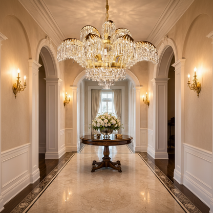 Candelabru Cristal PALACE Imperio, 15 brate, 22xG9, D98cm, Auriu Lucios, Inaltime Reglabila, Metal si Cristal Candelabre Cristal Default Title Alessandro Design