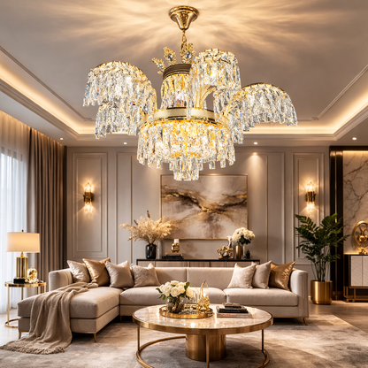 Candelabru Cristal PALACE, 6 brate, 12xG9, D69cm, Auriu Lucios, Inaltime Reglabila, Metal si Cristal Candelabre Cristal Default Title Alessandro Design