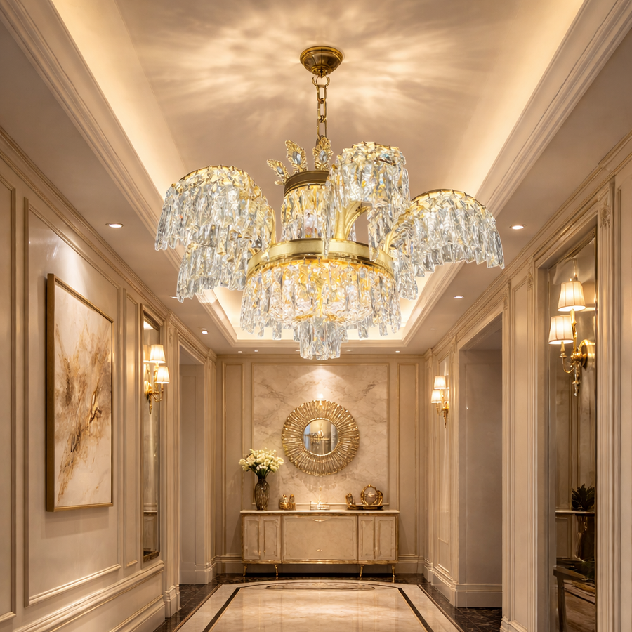 Candelabru Cristal PALACE, 6 brate, 12xG9, D69cm, Auriu Lucios, Inaltime Reglabila, Metal si Cristal Candelabre Cristal Default Title Alessandro Design