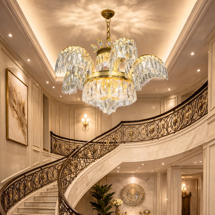Candelabru Cristal PALACE, 6 brate, 12xG9, D69cm, Auriu Lucios, Inaltime Reglabila, Metal si Cristal Candelabre Cristal Default Title Alessandro Design