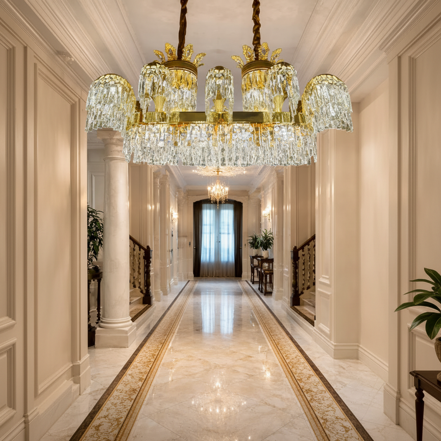 Candelabru Cristal PALACE Grande, 12 brate, 20xG9, 120cm, Auriu Lucios, Inaltime Reglabila, Metal si Cristal Candelabre Cristal Default Title Alessandro Design