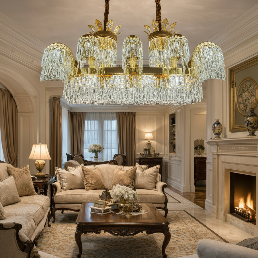 Candelabru Cristal PALACE Grande, 12 brate, 20xG9, 120cm, Auriu Lucios, Inaltime Reglabila, Metal si Cristal Candelabre Cristal Default Title Alessandro Design