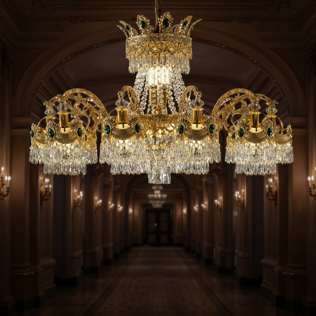 Candelabru Cristal 16xE14, D92cm, Auriu Lucios, Inaltime Reglabila, Metal si Cristal Candelabre Cristal Default Title Alessandro Design