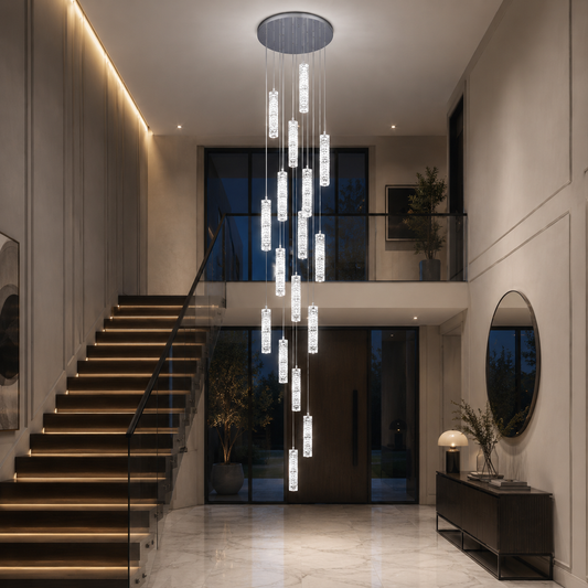 LED kristálycsillár AMIRI 82W króm, meleg/semleges/hideg fény 3000K/4000K/6000K Amiri, átmérő 40cm x magasság 300cm, kristály és fém