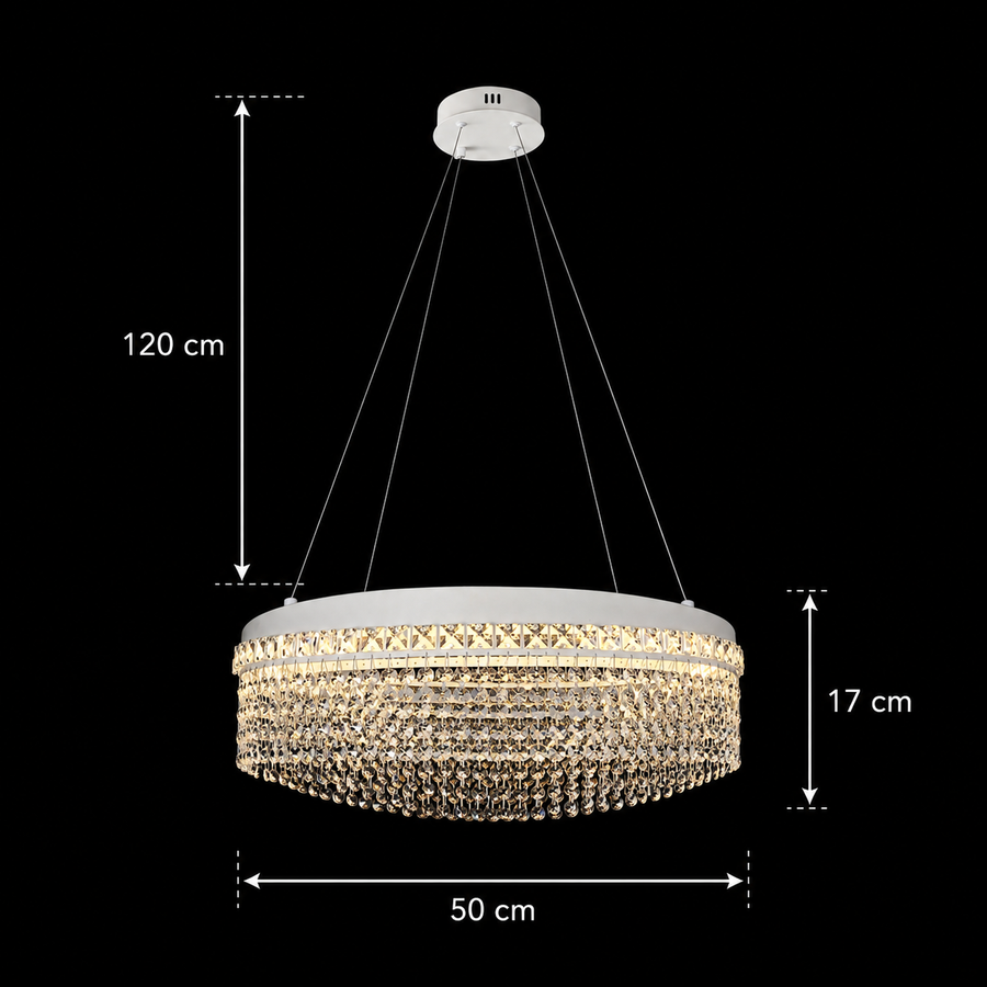 Candelabru Cristal VOLNA Eleganza, 102W, D50cm, Lumina Calda/Neutra/Rece, Alb, Metal si Cristal