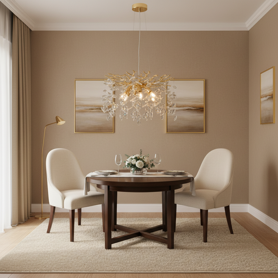 Candelabru Cristal LEAF Eleganza, Φ50cm, 6xE14, Auriu, Metal si Cristal