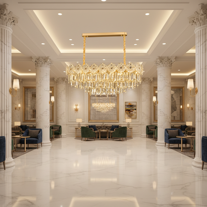 Candelabru Cristal FLEUR Supremo 14xE14, Dimensiune 100x35 cm, Inaltime 35 cm, Auriu Lucios, Inaltime Reglabila, Design Elegant