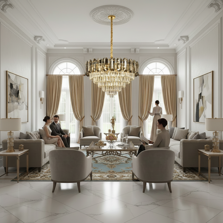 Candelabru Cristal AURUM Magno 12xE14, Diametru 60cm, Inaltime 40cm, Auriu Lucios, Inaltime Reglabila, Design Elegant Candelabre Cristal Default Title Alessandro Design