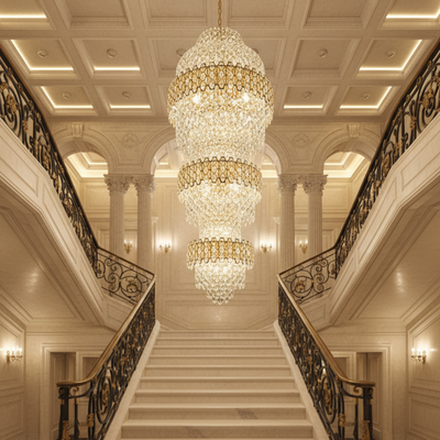Candelabru Cristal TRIO Regalis 63xE14, Diametru 80cm, Inaltime 260cm, Auriu Lucios, Inaltime Reglabila, Design Elegant