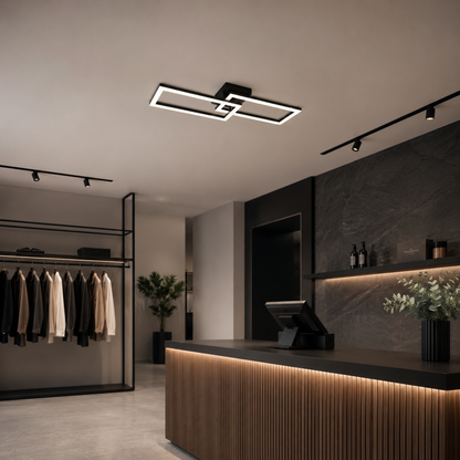 Lustra LED cu telecomanda BANDO 38W, 2 Drepunghiuri, Lumina Rece/Calda/Neutra, Dimabila, Negru, Metal si Acril
