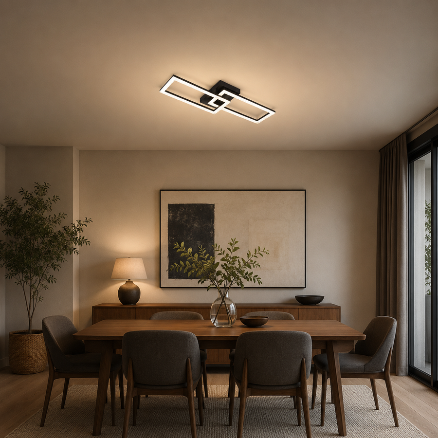 Lustra LED cu telecomanda BANDO 38W, 2 Drepunghiuri, Lumina Rece/Calda/Neutra, Dimabila, Negru, Metal si Acril