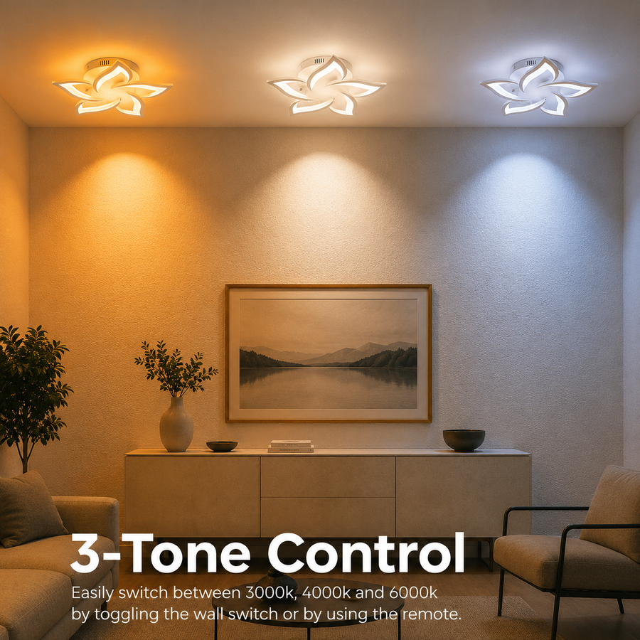 LED csillár távirányítóval LOTUS 54W, 5 szirom, hideg/meleg/semleges fény, szabályozható, fehér