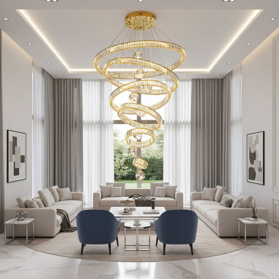 Candelabru Cristal cu Telecomanda KOLO Supremo, 120x350cm, Lumina Calda/Neutra/Rece, Auriu, Metal si Cristal