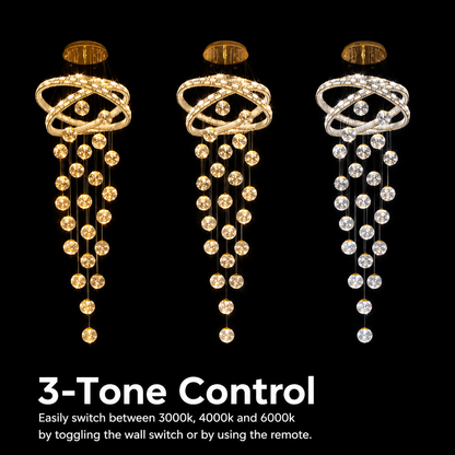 Candelabru Cristal cu Telecomanda DUARA Supremo, 90x300cm, Lumina Calda/Neutra/Rece, Auriu, Metal si Cristal