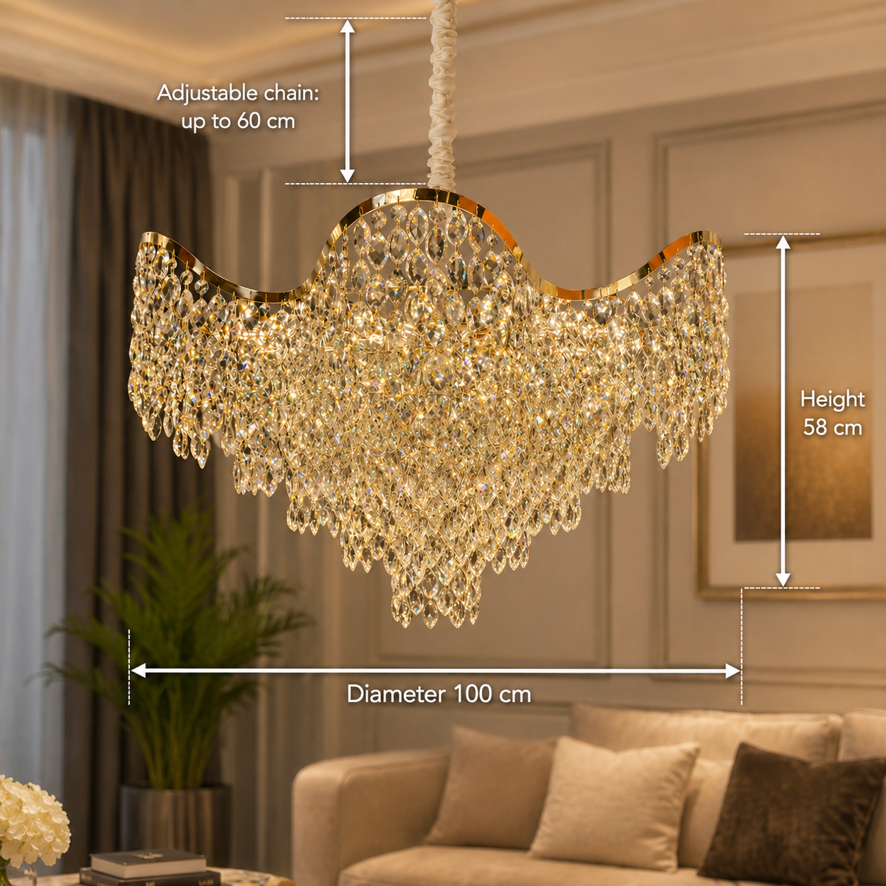 Candelabru Cristal VELOURA Supremo 28xE14, D100 cm, Auriu, Inaltime Reglabila, Metal si Cristal Candelabre Cristal Default Title Alessandro Design