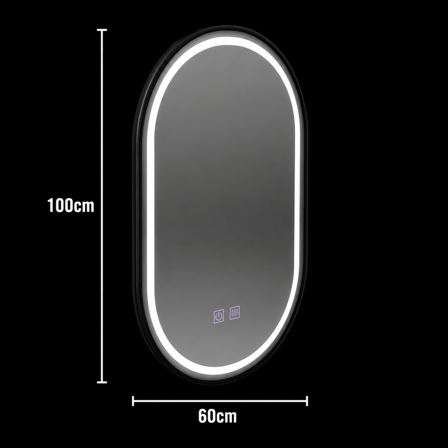 LED ovális tükör 60x100cm VETRO Touch szabályozható páramentesítő rendszer, fekete keret
