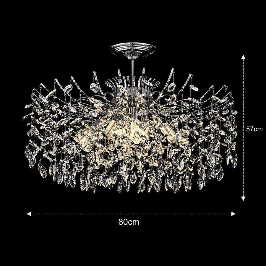 Candelabru Cristal PROWES Regalis, 14xE14, D80 cm, Crom Lucios, Inaltime Reglabila, Metal si Cristal
