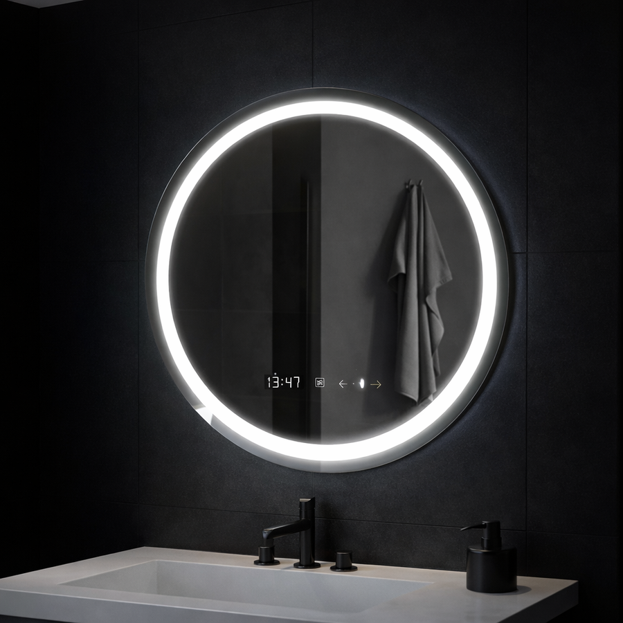 Kerek LED-es tükör, 70 cm, Celeste MotionGlow Marcello, páramentesítő rendszer, óra és hőmérő, szabályozható, meleg, semleges hideg fény 3000K/4000K/6000K Marcello tükrök alapértelmezett cím Alessandro Design