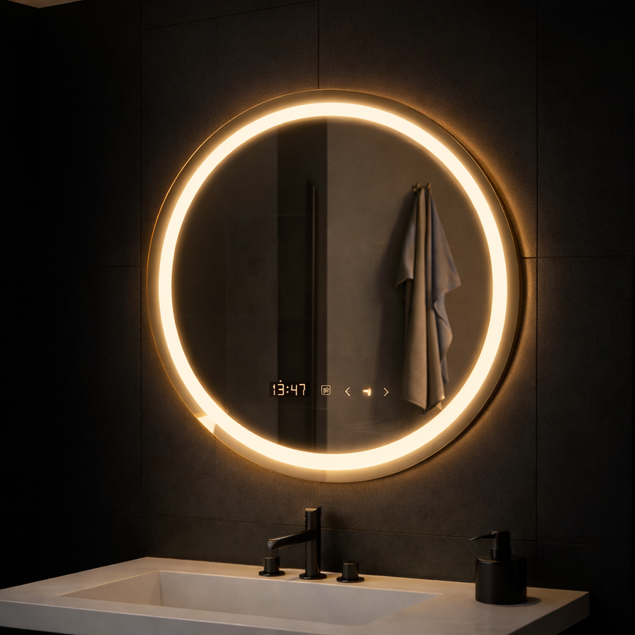 Kerek LED-es tükör, 70 cm, Celeste MotionGlow Marcello, páramentesítő rendszer, óra és hőmérő, szabályozható, meleg, semleges hideg fény 3000K/4000K/6000K Marcello tükrök alapértelmezett cím Alessandro Design