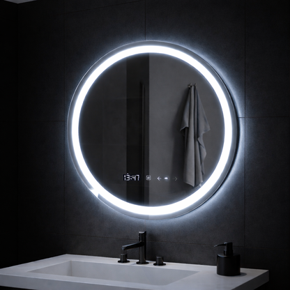 Kerek LED-es tükör, 70 cm, Celeste MotionGlow Marcello, páramentesítő rendszer, óra és hőmérő, szabályozható, meleg, semleges hideg fény 3000K/4000K/6000K Marcello tükrök alapértelmezett cím Alessandro Design