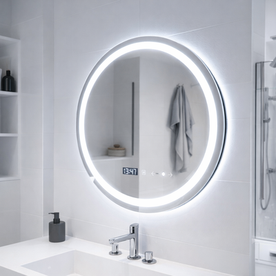 Kerek LED-es tükör, 70 cm, Celeste MotionGlow Marcello, páramentesítő rendszer, óra és hőmérő, szabályozható, meleg, semleges hideg fény 3000K/4000K/6000K