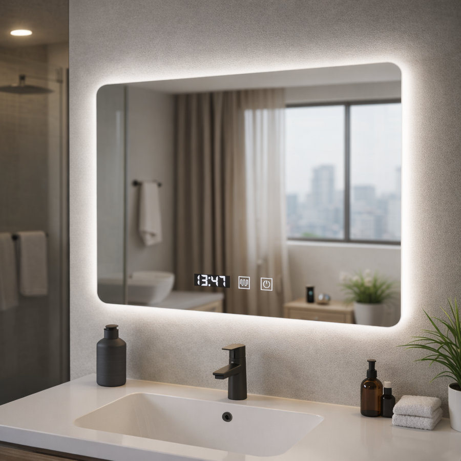 Oglinda LED Dreptunghiulara ARTAR Touch, 80X60cm, Sistem Dezaburire, Dimabila, Ceas si Temperatura, Lumina Calda Neutra Rece 3000K/4000K/6000K Oglinda Baie cu LED si Dezaburire Default Title Alessandro Design