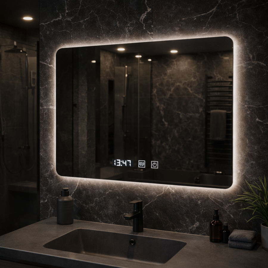 Oglinda LED Dreptunghiulara ARTAR Touch, 80X60cm, Sistem Dezaburire, Dimabila, Ceas si Temperatura, Lumina Calda Neutra Rece 3000K/4000K/6000K Oglinda Baie cu LED si Dezaburire Default Title Alessandro Design