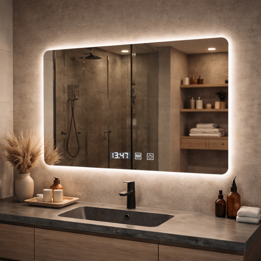 Oglinda LED Dreptunghiulara ARTAR Touch, 80X60cm, Sistem Dezaburire, Dimabila, Ceas si Temperatura, Lumina Calda Neutra Rece 3000K/4000K/6000K Oglinda Baie cu LED si Dezaburire Default Title Alessandro Design