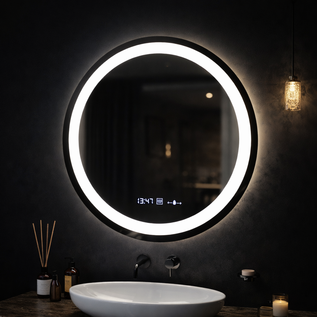 Kerek LED-es tükör, átmérő 50 cm, Celeste MotionGlow Marcello, páramentesítő rendszer, óra és hőmérő, szabályozható, meleg, semleges hideg fény 3000K/4000K/6000K Marcello tükrök alapértelmezett cím Alessandro Design