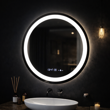 Kerek LED-es tükör, átmérő 50 cm, Celeste MotionGlow Marcello, páramentesítő rendszer, óra és hőmérő, szabályozható, meleg, semleges hideg fény 3000K/4000K/6000K Marcello tükrök alapértelmezett cím Alessandro Design