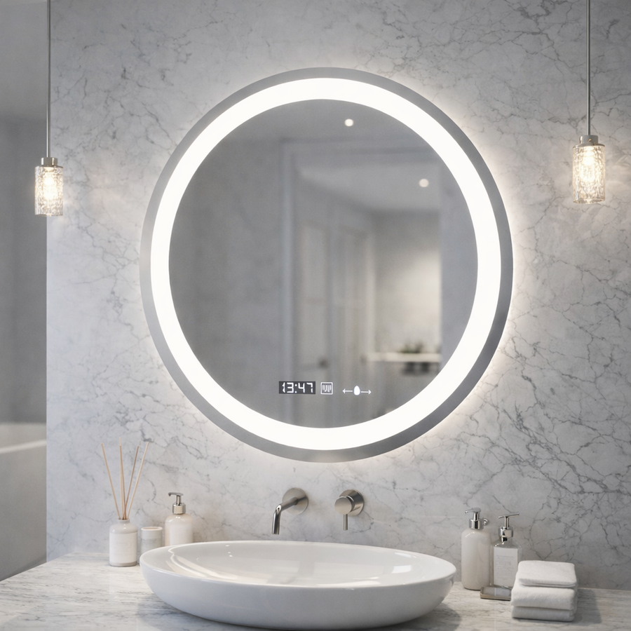 Kerek LED-es tükör, átmérő 50 cm, Celeste MotionGlow Marcello, páramentesítő rendszer, óra és hőmérő, szabályozható, meleg, semleges hideg fény 3000K/4000K/6000K Marcello tükrök alapértelmezett cím Alessandro Design