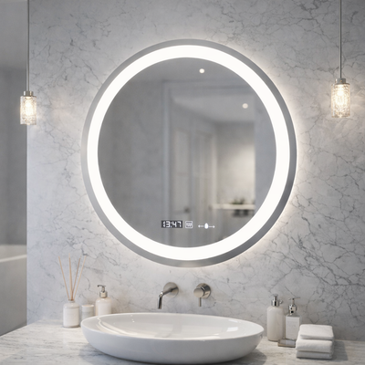 Kerek LED-es tükör, 60 cm, Celeste MotionGlow Marcello, páramentesítő rendszer, óra és hőmérő, szabályozható, meleg, semleges hideg fény 3000K/4000K/6000K