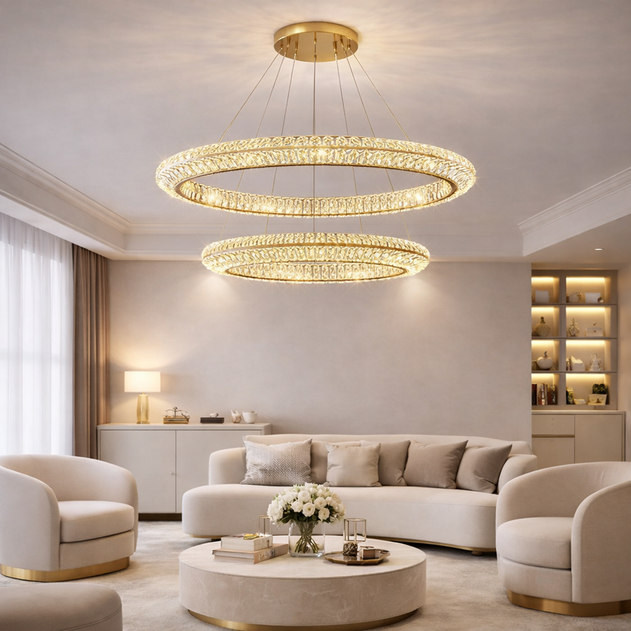 Lustra LED cu Telecomanda, LLC132/300GD, Cristal si Metal, 37W, 2 Cerc, Dimabila, 3000K/4000K/6000K, Iluminat Luxos Lustre LED cu Telecomanda Default Title Alessandro Design