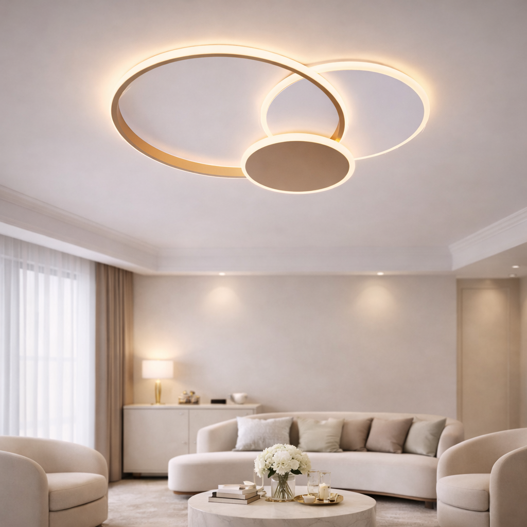 LED függőlámpa távirányítóval KILLIAN 46W, 3 kör, hideg/meleg/semleges lámpa 3000K/4000K/6000K, dimmizelhető, arany-fehér LED lámpák távirányítóval alapcím Alessandro design