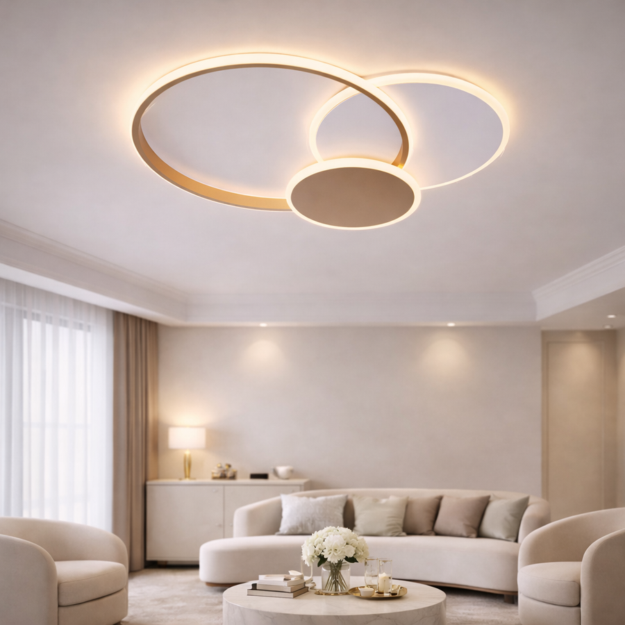 LED függőlámpa távirányítóval KILLIAN 46W, 3 kör, hideg/meleg/semleges lámpa 3000K/4000K/6000K, dimmizelhető, arany-fehér LED lámpák távirányítóval alapcím Alessandro design