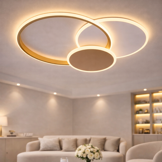 LED függőlámpa távirányítóval KILLIAN 46W, 3 kör, hideg/meleg/semleges lámpa 3000K/4000K/6000K, dimmizelhető, arany-fehér LED lámpák távirányítóval alapcím Alessandro design