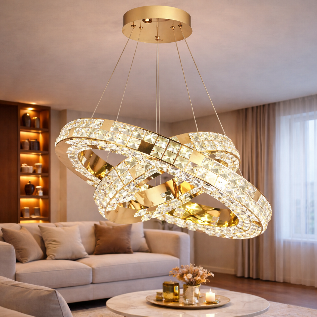 Lustra LED cu Telecomanda, LLC135/2GD, Cristal si Metal, 54W, 2 Cerc, Dimabila, Inaltime Reglabila, Lumina Rece/Calda/Neutra 3000K/4000K/6000K, Iluminat Luxos Lustre LED cu Telecomanda Default Title Alessandro Design