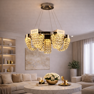 LED kristálycsillár 24W, CC370/800CH, átmérő 80cm, fényes króm, állítható magasság, meleg, semleges hideg fény 3000K/4000K/6000K, fém és kristály