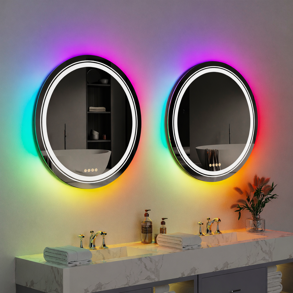 Oglinda LED Rotunda, 60cm, Celeste MotionGlow Marcello, Lumina RGB, Boxa Bluetooth, Sistem Dezaburire, Ceas & Termometru, Dimabila 60X60BTRGB Oglinzi Marcello Default Title Alessandro Design