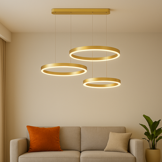 Függesztett LED-es csillár távirányítóval PERU 150W, 3 kör, hideg/meleg/semleges fény, szabályozható, fényes arany, állítható magasságú modern csillárok alapértelmezett cím Alessandro Design